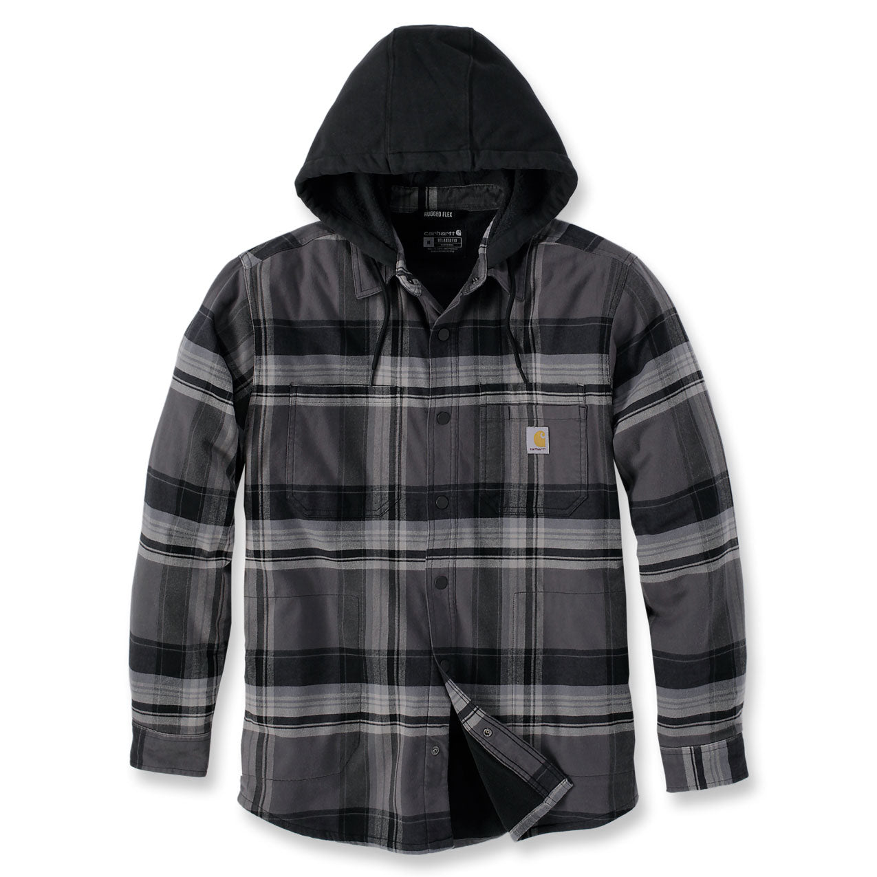 FLEECE LINED HOODED FLANNEL SHIRT JAC Black