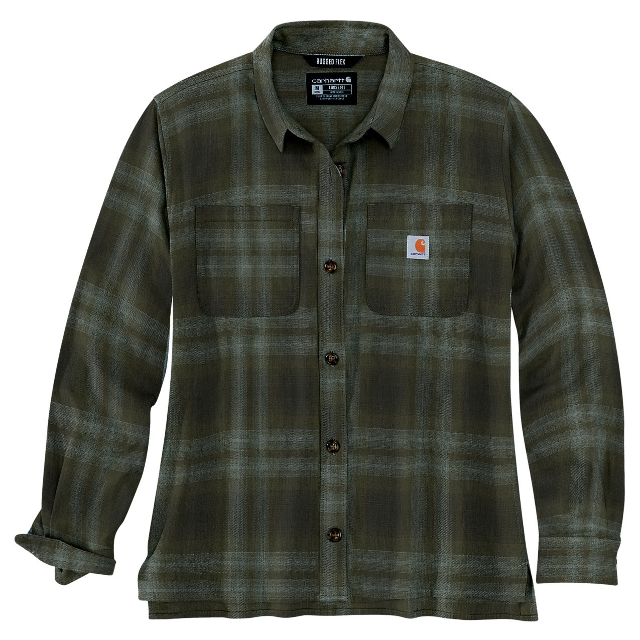 WOMENS LOOSE FIT FLANNEL LONG-SLEEVE PLAID SHIRT Basil