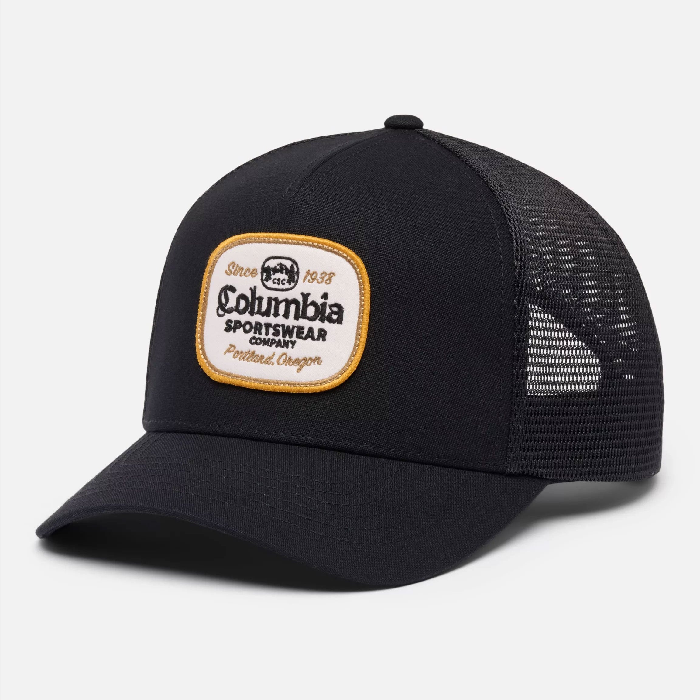 Black mesh cap with Columbia Sportswear logo on a light gray background