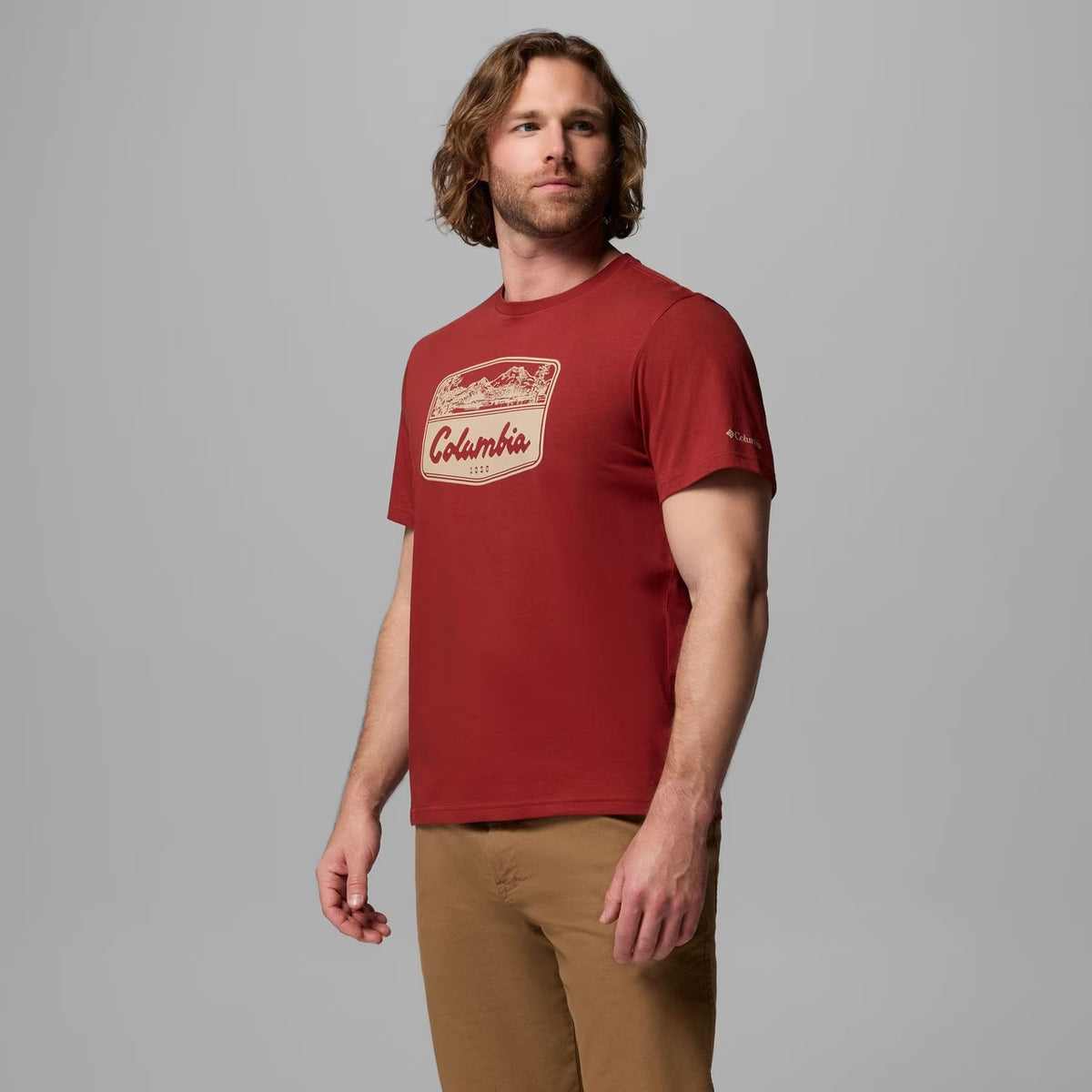 ORGANIC COTTON GRAPHIC T-SHIRT Red Oxide, Hex Woodblock Badge
