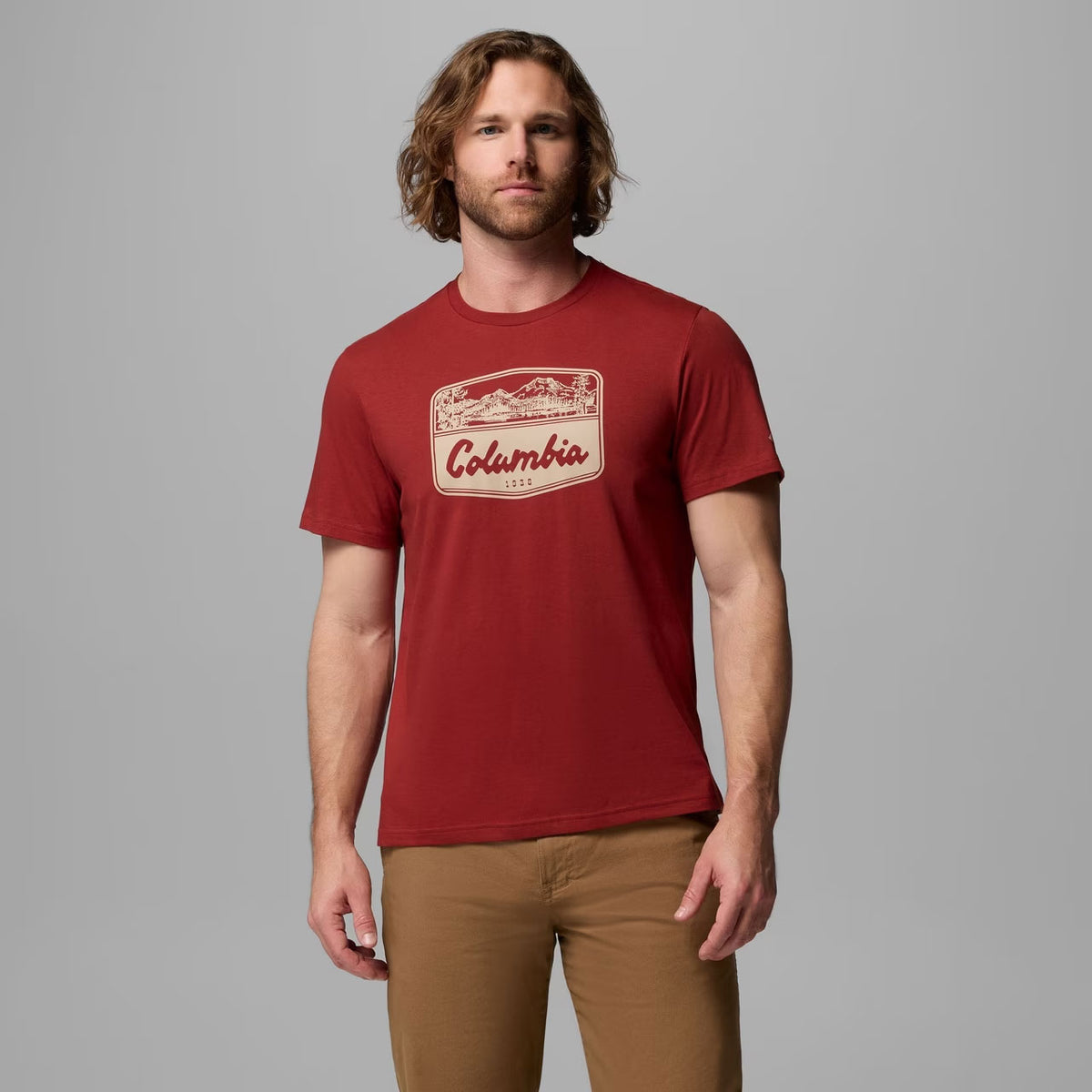 ORGANIC COTTON GRAPHIC T-SHIRT Red Oxide, Hex Woodblock Badge