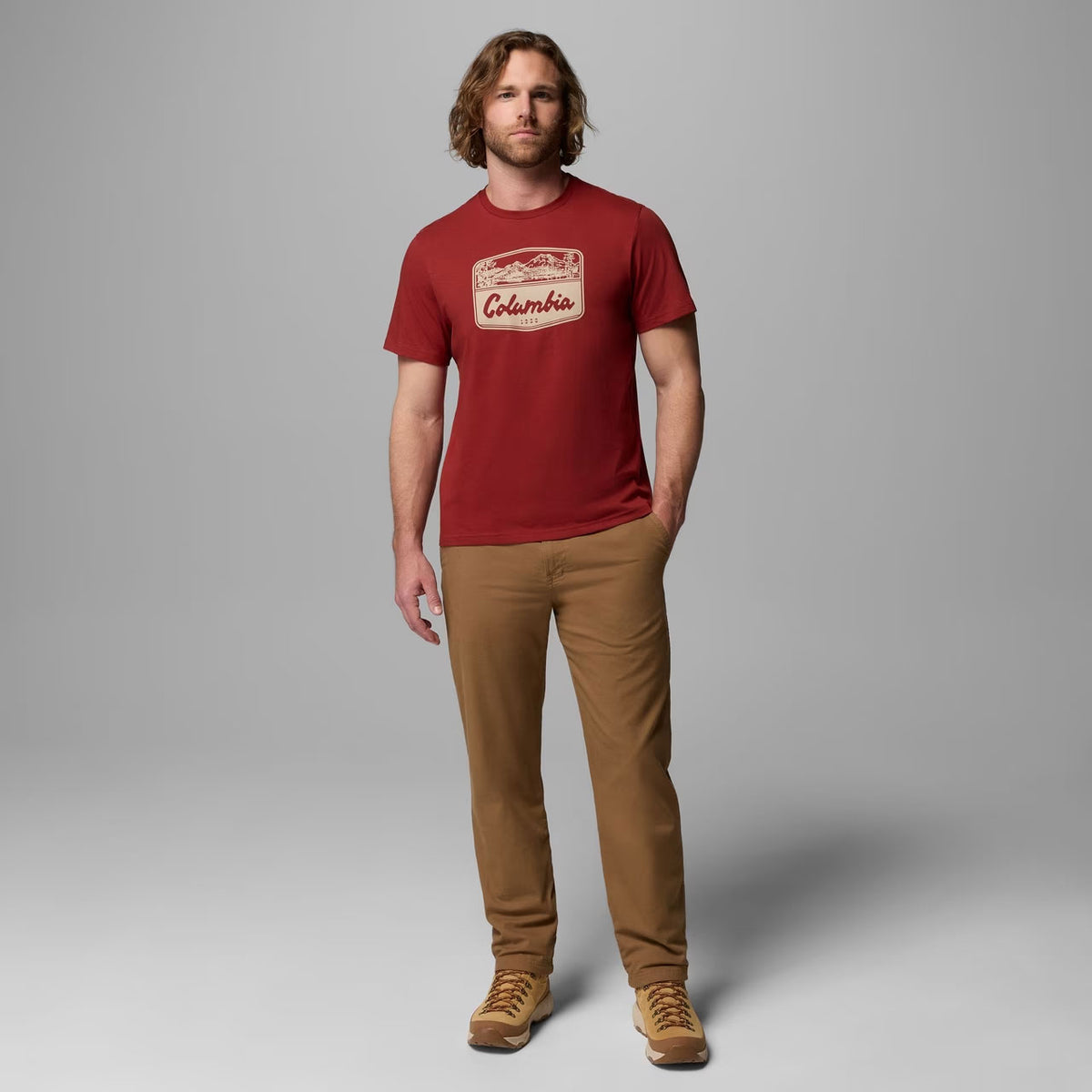 ORGANIC COTTON GRAPHIC T-SHIRT Red Oxide, Hex Woodblock Badge