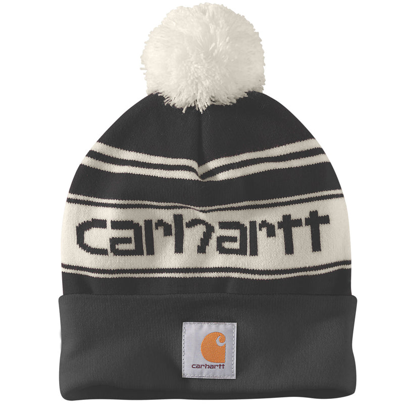 KNIT POM POM CUFFED LOGO BEANIE Black