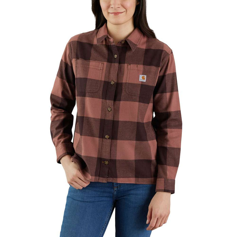 WOMENS LOOSE FIT FLANNEL LONG-SLEEVE PLAID SHIRT Blackberry